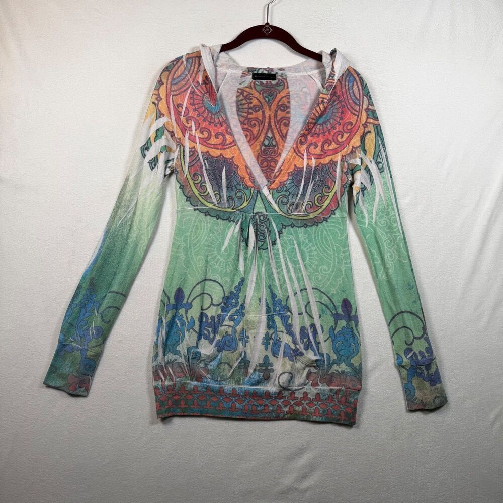 Crimson Ivy Hooded Boho Tunic Top Medium Multicolor Paisley Empire Waist USA